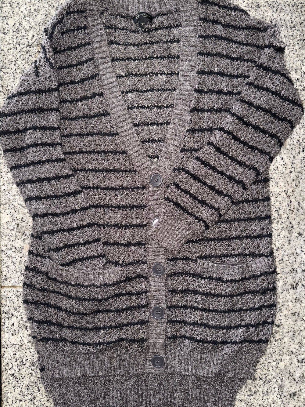 Jessica Simpson Gray and Black Striped V-Neck Button-Up Cardigan Sweater